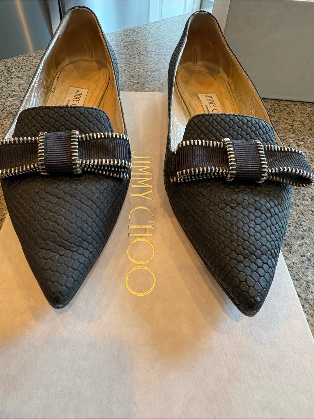 Jimmy Choo Black Pointed Toe Bow Flats